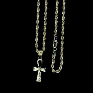 10K Real Gold Rope Chain and Ankh Cross Pendant Set
